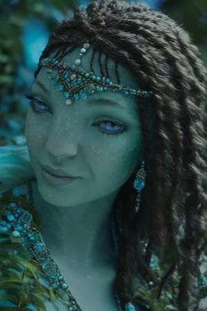 Beautiful na’vi, female, ((Jennifer Stone)), aqua skin, mother, jewelry, black curly hair, blue eyes, ((forest with trees:background)), ((closeup)), ((night time)), movie scene, freckles, detailed, hdr, high quality, movie still, visible tail, skin detail,no children in background,make her look 39 years old,give her wrinkels but not like an old person,dimond face shape,The hairstyle in the image features a series of thin, tight braids that are gathered at the back of the head. Some of these braids are adorned with small beads and metal clasps, adding a decorative touch. The hair is sectioned into several parts, with each braid meticulously crafted, giving the overall look a neat and well-maintained appearance. This style suggests a significant amount of time and skill to create.