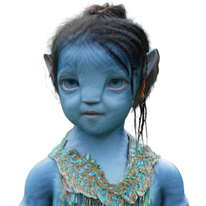 a pretty na'vi baby , 1_girl, ((ariana greenblatt)) 6 months old, no eyebrows, light blue eyes, ,Na'vi,Read description,Neytiri,Tsireya, not cross eyed ((blank background))