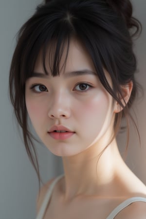 close-up, japanese idol, 18 year old, black eyes, bun hair, ultra-realistic, portrait, shot on a Sony A7III, high quality --ar 35:64 --quality 2 --v 6.1