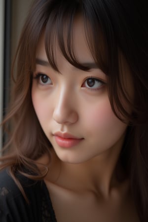 close-up, japanese mature, 40 year old, black eyes, brown long wavy hair, ultra-realistic, portrait,