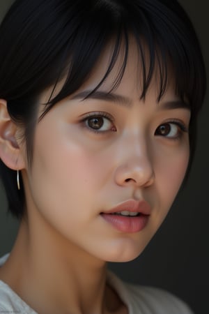 close-up, japanese mature, 50 year old, black eyes, pixie cut hair, ultra-realistic, portrait, shot on a Sony A7III, high quality --ar 35:64 --quality 2 --v 6.1