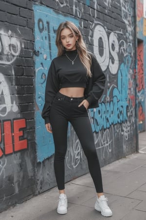 Virtual influencer in a chic urban streetwear outfit, posing confidently against a graffiti wall.