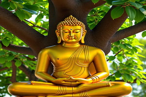 A realistic image of a golden Buddha sitting beneath the Bodhi tree, with a serene expression on his face. The golden hue of the Buddha's body is contrasted by the lush green leaves of the Bodhi tree. The image is rendered in a classical style, with attention to detail and texture. The resolution is high, with a focus on capturing the intricate details of the Buddha's robes and the leaves of the tree.