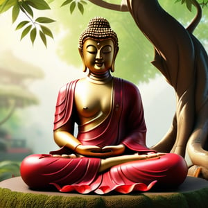 A realistic image of a red Ruby Buddha statue sitting beneath the Bodhi tree, with a serene expression on his face. The golden hue of the Buddha's body is contrasted by the lush green leaves of the Bodhi tree. The image is rendered in a classical style, with attention to detail and texture. The resolution is high, with a focus on capturing the intricate details of the Buddha's robes and the leaves of the tree.