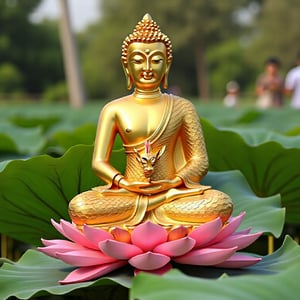 a seven naga gold Buddha sitting on lotus flower