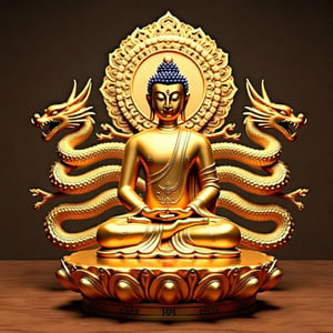 a gold Buddha  sitting on lotus flower 
background  7 naga at the  back