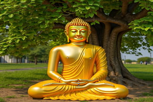 A realistic image of a golden Buddha sitting beneath the Bodhi tree, with a serene expression on his face. The golden hue of the Buddha's body is contrasted by the lush green leaves of the Bodhi tree. The image is rendered in a classical style, with attention to detail and texture. The resolution is high, with a focus on capturing the intricate details of the Buddha's robes and the leaves of the tree.