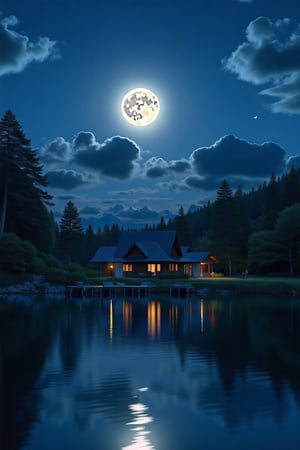 a house walking on the  lake 
night ,moon 