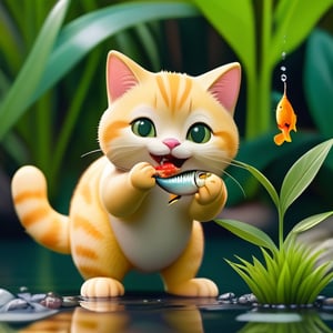 a yellow little cat  eating a fish 
pose standing ,hand hold fish and sauce 
smile expression 
background green plants 