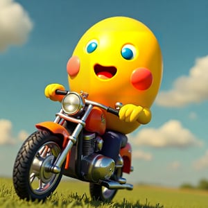 a yellow  egg riding the motorbike 