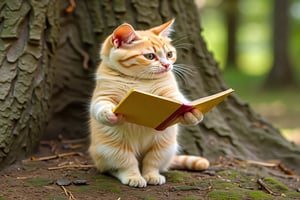 a yellow little cat standing  reading  book 
pose 2 hand holding  book, lean to  tree
