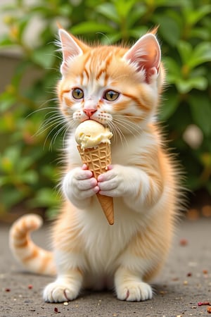 a little yellow cat eating ice cream 
pose:standing 
background plant, flower 