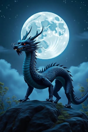 a chinese dragon walking on the  hill 
night ,moon 