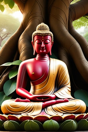 A realistic image of a red Ruby Buddha statue sitting beneath the Bodhi tree, with a serene expression on his face. The golden hue of the Buddha's body is contrasted by the lush green leaves of the Bodhi tree. The image is rendered in a classical style, with attention to detail and texture. The resolution is high, with a focus on capturing the intricate details of the Buddha's robes and the leaves of the tree.