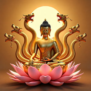 a gold Buddha  sitting on lotus flower 
background:7 nagas at the back of Buddha 