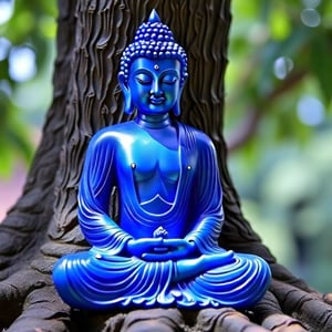 a blue sapphire Buddha sitting beneath a bohdi tree with serene expression ,full body, 