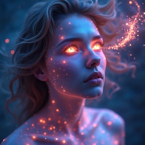 a close-up shot of an ethereal star woman with eyes body and face glowing like galaxies, surrounded by swirling, vibrant cosmic colors, vibrant star planet, ultra-detailed and photorealistic rendering, soft ambient lighting, starry nebulae in the background, dynamic and radiant color gradients, glowing reflections, cinematic composition, surreal and otherworldly atmosphere, intricate facial features, flowing hair infused with cosmic energy, luminous and ethereal, celestial radiance, soft yet detailed textures, otherworldly beauty
looking up, fingers to cheeks,, next to a sign that says FLUX