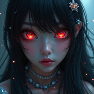 Portrait style, realism, hyper realistic, photography, oil painting, blurry effect, dynamic movement poses, 
.
( Best quality, 4K, 8K, high-resolution, masterpiece, ultra-detailed, photorealistic, a close up of a woman's face with black and white hair, glowing eyes, and lots of glitter, 1girl, long hair, red eyes, jewelry, black hair, blurry, eyelashes, lips, colored skin, depth of field, straight hair, cosmic background, portrait, gem, silver skin. ), 
.
.
Digital illustration, Digital Painting, digital art style, full body, fantasy detailers, more details, oil painting effect, fantasy art style,