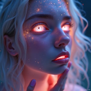 a close-up shot of an ethereal star woman with eyes body and face glowing like galaxies, surrounded by swirling, vibrant cosmic colors, vibrant star planet, ultra-detailed and photorealistic rendering, soft ambient lighting, starry nebulae in the background, dynamic and radiant color gradients, glowing reflections, cinematic composition, surreal and otherworldly atmosphere, intricate facial features, flowing hair infused with cosmic energy, luminous and ethereal, celestial radiance, soft yet detailed textures, otherworldly beauty
looking up, fingers to cheeks,, next to a sign that says FLUX