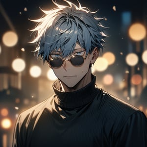 masterpiece, best quality, very aesthetic, absurdres, cinematic still, emotional, harmonious, vignette, highly detailed, high budget, bokeh, cinemascope, moody, epic, gorgeous, film grain, grainy, 1boy , Satoru Gojou , Jujutsu Kaisen anime, wearing a black turtleneck sweater and sunglasses, White hair, blue eyes, He has a confident expression on his face