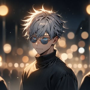 masterpiece, best quality, very aesthetic, absurdres, cinematic still, emotional, harmonious, vignette, highly detailed, high budget, bokeh, cinemascope, moody, epic, gorgeous, film grain, grainy, 1boy , Satoru Gojou , Jujutsu Kaisen anime, wearing a black turtleneck sweater and sunglasses, White hair, blue eyes, He has a confident expression on his face