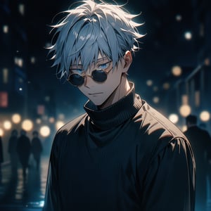 masterpiece, best quality, very aesthetic, absurdres, cinematic still, emotional, harmonious, vignette, highly detailed, high budget, bokeh, cinemascope, moody, epic, gorgeous, film grain, grainy, 1boy , Satoru Gojou , Jujutsu Kaisen anime, wearing a black turtleneck sweater and sunglasses, White hair, blue eyes, He has a confident expression on his face