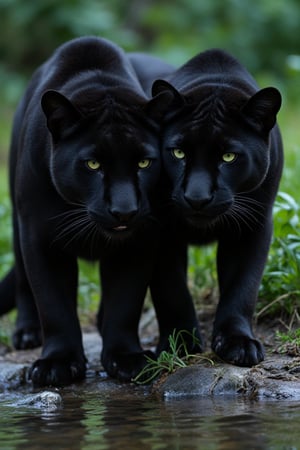 2 black panthers.  One male and one female.  The female as glowing green eyes.  Mates for life full of love and excitement for their panther experience.  They stop by a stream to drink.