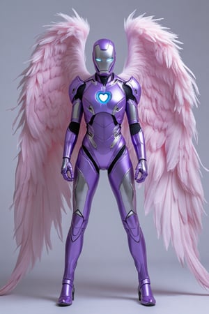 Full body image of IronAngel suit appears enveloping her body in purple and silver metallic colors and pastel pink wings made of pink feathers. Nanotech suit materializes over her body,  with a  blue heart shaped arc reactor and repulsars including her Ironman helmet of silver and purple covering her skin and bald head leaving her looking like a stunning combination of Ironwoman and an Archangel.  

