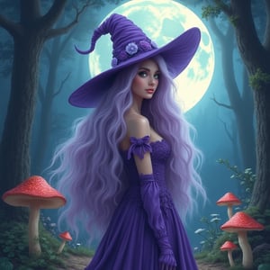 A lavender wavy haired beautiful witch with green eyes standing under a large fullmoon in a mystical forest.  magic mushrooms and ethereal energy around her.