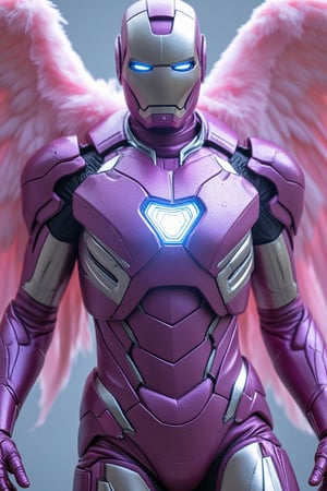 Full body image of Ironman in his red and gold nano suit with IronAngel suit appears enveloping her body in purple and silver metallic colors and pastel pink wings made of pink feathers. Nanotech suit materializes over her body,  with a  blue heart shaped arc reactor and repulsars including her Ironman helmet of silver and purple covering her skin and bald head leaving her looking like a stunning combination of Ironwoman and an Archangel.  


