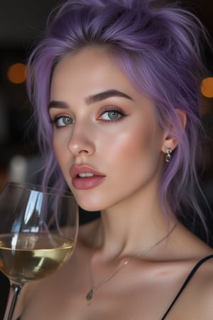 Beautiful lavender haired woman with hair up in a messy bun.  Beautiful witch. She emerald green eyes with a wine glass with white wine in it.  background is a party.  