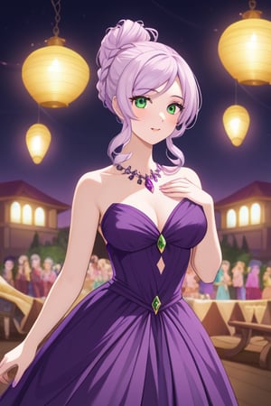 Beautiful lavender haired woman with hair up in a messy bun.  Beautiful witch. She has emerald green eyes wearing s beautiful party gown. background is a party.  