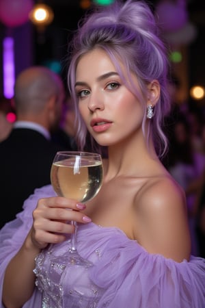 Beautiful lavender haired woman with hair up in a messy bun.  Beautiful witch. She emerald green eyes with a wine glass with white wine in it. Wearing s beautiful party gown. background is a party.  