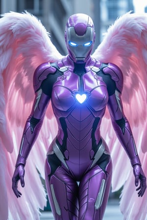 IronAngel suit appears enveloping her body in purple and silver metallic colors and pastel pink wings made of pink feathers. Nanotech suit materializes over her body, an Ironman mask  of silver and purple covers her bald head and face.  with a blue heart shaped arc reactor and repulsars including her Ironman helmet of silver and purple covering her skin and bald head leaving her looking like a stunning combination of Ironwoman and an Archangel.  Casting green healing spells by waving her hand repulsars