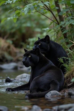 2 black panthers.  One male and one female.  The female as glowing green eyes.  Mates for life full of love and excitement for their panther experience.  They stop by a stream to drink.  After prowling together for 20 minutes it finally appears. The perfect den for them and not far beyond it is a stream filled with salmon and trout. She jumps around in happiness twirling her tail in delight