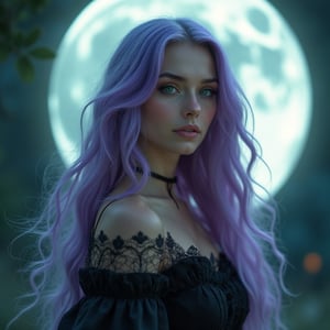 A lavender wavy haired beautiful witch with green eyes standing under a large fullmoon.