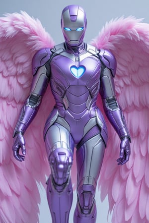 Full body image of IronAngel suit appears enveloping her body in purple and silver metallic colors and pastel pink wings made of pink feathers. Nanotech suit materializes over her body,  with a  blue heart shaped arc reactor and repulsars including her Ironman helmet of silver and purple covering her skin and bald head leaving her looking like a stunning combination of Ironwoman and an Archangel.  


