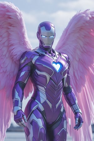 Ironman in front of her.  IronAngel suit appears enveloping her body in purple and silver metallic colors and pastel pink wings made of pink feathers. Nanotech suit materializes over her body, an Ironman mask  of silver and purple covers her bald head and face.  with a blue heart shaped arc reactor and repulsars including her Ironman helmet of silver and purple covering her skin and bald head leaving her looking like a stunning combination of Ironwoman and an Archangel.  Casting green healing spells by waving her hand repulsars in the air. 