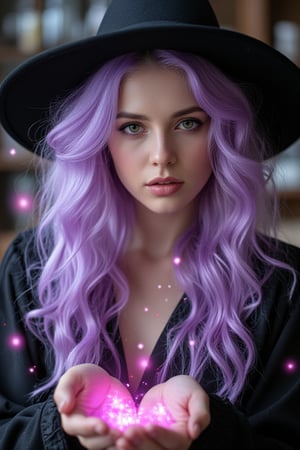 long wavy lavender haired beautiful witch with emerald green eyes and weaving a spell causing pink magical particles to appear iover her head between her hands. background in a witch alchemy lab.