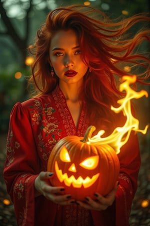 (Clear High Definition: 1.1), (Full body emitting fire, heavy atmosphere), 20 years old, girl, yellow irises glowing with fire, dark night, very low angle, a sly smile on her face, lips with black lipstick, wavy bangs covering her forehead, long voluminous fiery red hair flowing down her cheeks and partially covering her face, reflecting a lively and energetic atmosphere. The red dress decorated with ornate embroidery has elaborate details. The witch with black nails is in a dynamic pose, holding a Halloween pumpkin engulfed in blazing fire, and showing off a pumpkin flower in one hand. The subject's features are highly detailed and orientally anatomically correct, as is the scene where the light from the pumpkin she is holding is backlit and illuminates the witch's face. The vividly colored subject contrasts with the blurred natural background. Every texture, realistic skin, wrinkle, and hair is rendered in 8K resolution with photo-realistic picture quality, inviting the viewer into a dreamlike world.