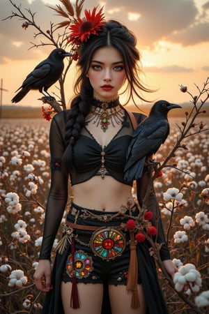 A magnificent oil painting masterpiece unfolds before us. The Scarecrow Maiden stands tall, mid-shot, surrounded by a vast cotton field. Her stern gaze, smoky makeup, and style, adorned with old dry branches, rags, and dried flowers, evoke a sense of mystery. Her vivid black top and short skirt with stained glass patterns are in harmony with the cotton field and contrast with the natural tones of the setting sun. Two crows sit on her arms, their feathers rendered in exquisite detail. The subject’s features are highly detailed and anatomically correct, and the vividly colored subject stands out against a random natural background. Every texture, every realistic skin, every wrinkle, every hair is rendered in 8k resolution with realistic painting quality, inviting the viewer into this dreamlike world.