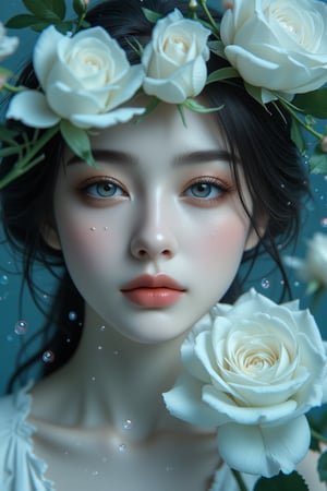 (Best quality, 8k, highly detailed realistic photo), (Cinematic soft lighting), side lighting, precise high quality, serene, elegantly captured with the refined features of the face of a young Chinese woman posing with delicate white roses. Realistic rain captured in slow motion, raindrops form on her skin, sparkle and sparkle like jewels, creating a beautiful atmosphere. Half of her face floats on the rippling water surface, while the other half is submerged in water, creating a mysterious atmosphere. Her porcelain skin, softly illuminated from above, shines against the subtle underwater background. Colorful underwater bubbles, exquisite details. The subject's features are highly detailed and anatomically correct, and the vividly colored subject stands out against the random natural background. Every texture, every realistic skin, every wrinkle, every hair is rendered in 8k resolution with realistic picture quality, inviting the viewer into this dreamlike world.