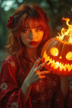 (Clear High Definition: 1.1), (Full body emitting fire, heavy atmosphere), 17 years old, girl, yellow irises glowing with fire, dark night, very low angle, a sly smile on her face, lips with black lipstick, wavy bangs covering her forehead, long voluminous fiery red hair flowing down her cheeks and partially covering her face, reflecting a lively and energetic atmosphere. The red dress decorated with ornate embroidery has elaborate details. The witch with black nails is in a dynamic pose, holding a Halloween pumpkin engulfed in blazing fire, and showing off a pumpkin flower in one hand. The subject's features are highly detailed and orientally anatomically correct, as is the scene where the light from the pumpkin she is holding is backlit and illuminates the witch's face. The vividly colored subject contrasts with the blurred natural background. Every texture, realistic skin, wrinkle, and hair is rendered in 8K resolution with photo-realistic picture quality, inviting the viewer into a dreamlike world.