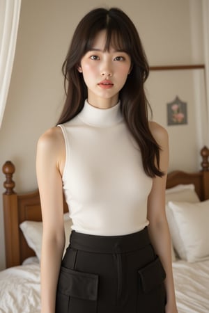 Softly lit bedroom setting with a young woman in her early 20s, exuding mysterious beauty. She stands confidently, wearing a sleeveless white turtleneck sweater and a fitted cargo miniskirt, paired with long boots that add to her striking figure. Her light brown hair flows down her back in a straight and flowing style, parted perfectly with bangs framing her delicate features. Her symmetrical facial structure is accentuated by a stunning smile, as if sharing a secret. The soft focus and airy quality of the photo create an artstation-inspired feel, with a cinematic panorama that's ultra HD realistic.