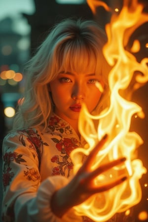 (Clear resolution High Definition: 1.1), (Full body flashing fire, overall mysterious white theme), cinematic lighting, ambient lighting, 17 years old, girl, yellow irises glowing with fire, very low angle, sly smile on face, lips with black lipstick, wavy bangs covering forehead, long straight white hair flowing down cheeks and partially covering face, reflecting a lively and energetic atmosphere. The stained glass patterned dress has exquisite details. She has black nails and is in a dynamic pose, the features of the subject engulfed in blazing fire are highly detailed, oriental and anatomically correct, and the same goes for the scene where the light is backlit and illuminates the face. The vividly colored subject contrasts with the blurred natural background. All textures, realistic skin, wrinkles and hair are rendered in 8K resolution with photo-realistic quality, inviting viewers into a dreamlike world.