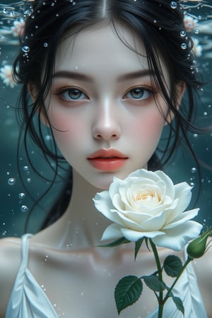 (Best quality, 8k, Highly detailed realistic watercolor), (Cinematic soft lighting), Side lighting, High-precision high quality, Serene close-up captures the refined features of the face of a young Chinese woman posing with a delicate white rose, exuding elegance. Realistic rain captured in slow motion, raindrops form on her skin, sparkle and sparkle like jewels, creating a beautiful atmosphere. Half of her face floats on the rippling water surface, while the other half is submerged in water, creating a mysterious atmosphere. Her porcelain skin, softly illuminated from above, shines against the subtle underwater background. Underwater bubbles: 1.1, Exquisite details. The subject's features are highly detailed and anatomically correct, and the vividly colored subject stands out against the random natural background. Every texture, every realistic skin, every wrinkle, every hair is rendered in 8k resolution with realistic painting quality, inviting the viewer into this dreamlike world.