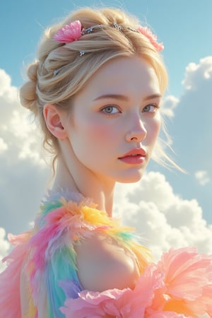 In a serene, surreal landscape, a stunning Finnish girl stands tall on a wispy white cloud, bathed in the warm glow of soft studio lighting. Her gradient rainbow dress, intricately patterned with lotus blooms, shimmers in vivid colors. The spotlight highlights her dynamic pose, showcasing her beautifully detailed facial features: delicate eyes with long eyelashes, perfectly symmetrical and framed by blonde curly hair. A small lotus hairpin adorns her left ear. She wears a jewelry ornament on her head, with simple lines drawing attention to her flawless face. Close-up, the camera captures every detail of her stunning visage, set against a brilliant blue sky. The artwork is rendered in 4K/8K high resolution, showcasing the highest quality digital concept art, with a cinematic feel that transports the viewer into this dreamlike world.