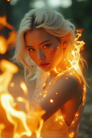 (Clear High Definition: 1.1), (Full body flashing fire, overall mysterious white theme), cinematic lighting, ambient lighting, 17 years old, girl, yellow irises glowing with fire, very low angle, sly smile on face, lips with black lipstick, wavy bangs covering forehead, long straight white hair flowing down cheeks and partially covering face, reflecting a lively and energetic atmosphere. The stained glass patterned dress has exquisite details. She has black nails and is in a dynamic pose, the features of the subject engulfed in blazing fire are highly detailed, oriental and anatomically correct, as is the scene where the light is backlit and illuminates the face. The vividly colored subject contrasts with the blurred natural background. All textures, realistic skin, wrinkles and hair are rendered in 8K resolution with photo-realistic quality, inviting viewers into a dreamlike world.