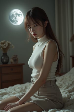 Reflected light, cinematic lighting, (Eroticism: 1.3), 1 person, female, perfectly symmetrical facial features, young 20s, mysterious beauty, delicate features, light brown hair, straight long hair, flowing hairstyle, (Parting, bangs: 1.45), dynamic pose, (white turtleneck sleeveless knit sweater, bodycon cargo miniskirt), long boots, full moon night, bedroom, soft focus, airy photo, artstation trend, (full body portrait, full body esbian), ultra HD ultra high definition, realistic cinematic panorama,Enhanced all