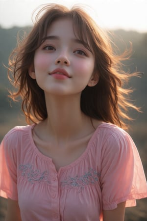 (Cinematic Lighting, Sunset: 1.2, High Definition), 17 years old, a girl, close up of upper body, extremely low angle, sparkling sapphire eyes, neat bangs and brown wavy long hair, she looks at the camera and blows a kiss with a playful expression, enjoying the joy of the moment, reflecting a lively and energetic atmosphere. There are exquisite details. (embroidery on the neckline and sleeve ends, wearing a pink puff short-sleeved shirt), the features of the subject are highly detailed and anatomically correct, the vividly colored subject is set against a random natural background. Every texture, every realistic skin, every wrinkle, every hair is rendered in 8k resolution with realistic painting quality, inviting the viewer into this dreamlike world.